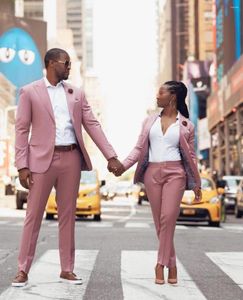 Men's Suits Couples British Pink Costume Homme Mens 2 Pcs Groomsmen Wedding Tuxedos Terno Masculino Slim Fit Prom (Jacket Pants)