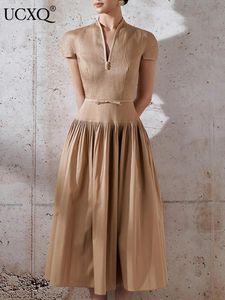 Vestidos ucxq chemise vestido vintage cáqui abaya vneck manga curta fino ajuste vestido plissado para as mulheres verão 2023 novos midi vestidos femininos