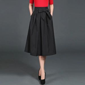 Vestidos 2023 novo tamanho plus size novo elástico de cintura alta renda de cintura up up bowknot midi office lady lady preto plissado coreano saia de moda elegante