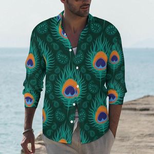 Camicie casual da uomo Camicia con piume di pavone fantasia Disegni di animali autunnali Novità Camicette Manica lunga Stampa Street Style Top Taglie forti