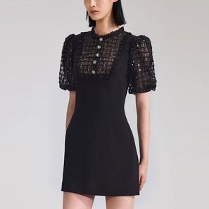 2023 Tasarımcı Parti Elbiseleri Siyah Platin Pullu Kabarcık Kolları Akademi Tarzı Kısa Etek Yaz Elbise