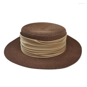 Wide Brim Hats 28TF Women Straw Hat Flat Top Strap Decorations Beach Vacation