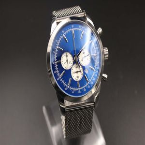 新しい到着ウォッチQuartz-Watch for Men Blue Dialog Analog Full Stainless Steel Band Digital Watch MontreHommme295o