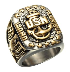 Oficiais de alta qualidade Anel da Marinha dos EUA USN Anéis militares Anchor Eagle Men039s Retro Gold Star Jóias em aço inoxidável8710199