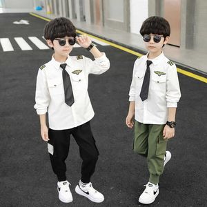 Boys' Spring and Autumn Suit Set: Popular Online Captain Uniforms Baby Shirts Children's Police Performance Suits