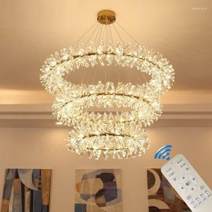 Chandeliers Modern Luxury Crystal LED Chandelier Lighting Remote Nordic Firefly Ceiling For Living Flower Ring Pendant Lamp