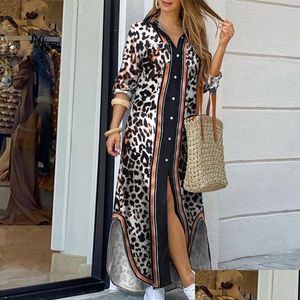 Grundlegende Freizeitkleider Maxi Designer für Frauen Langes Hemdkleid Leopardenmuster 3/4 Ärmel Urlaub Cocktailparty Kleidung XXL Qualität Dh4Pv