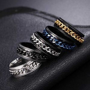 Band Rings Rotate Rotating Anxiety Fidget rings Titanium Stainless Steel Chain Spinner Finger Ring For Men Blue Gold Color Black Punk Rock J230602