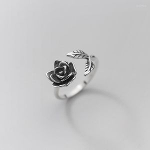 Anelli a grappolo Retro Vintage Authentic REAL.925 Sterling Silver Rose Flower Branch Leaf Ring Party Charms C-J8324