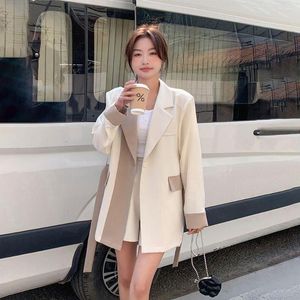 Women's Suits Slim Hit Color Blazers For Women Notched Collar Long Sleeve Patchwork Single-Button Spring Fashion Coat With Belt Female