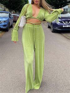 Women's Two Piece Pants wsevypo Green Pleated 2Pieces Suit Sets Solid Flare Long Sleeve Bandage Crop Tops Wide Leg Loose Outfits 230602