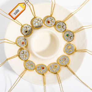 Uttalande Sun Moon Coin Halsband Elegant rostfritt stål Guldpläterade Birthstone -halsband för Lady Jewelry