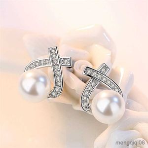 Stud Classic Cross Intarsied Zircon Pearl Ear Earrings for Women Orecchino Regalo di San Valentino Gioielli da donna Mujer