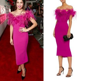 Jenna Dewan marchesa Tea-length Fuchsia Prom Occasion Dresses Off Shoulder Feather Floral Arabic Runway Red Carpet Evening Gowns