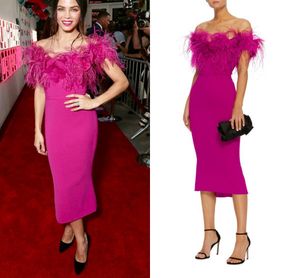 Jenna Dewan Marchesa Tea-Length Fuchsia Prom Eccidents Dresses Off Shoulder Feather Floral Arabic Runway Red Carpet Evening Gowns