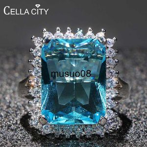 Bandringe Cellacity Aquamarin-Ring für Damen, Silber 925, Schmuck für Party, Übertreibung, riesige rechteckige Edelsteine, Größe 6, 7, 8, 9, 10, Party-Geschenk J230602