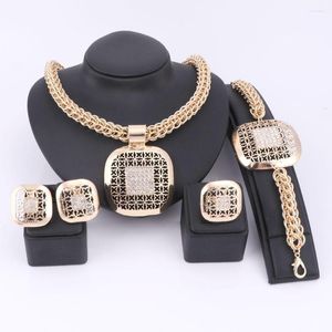 Necklace Earrings Set Fashion African Beads Jewelry Exquisite Dubai Gold Color Square Crystal Nigerian Wedding Bridal Bijoux