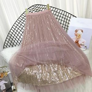 Vestidos Lucyever Moda Lantejoulas Saias Plissadas Mulheres Primavera Verão Tule Aline Saia Longa Feminina Elegante Chique Cintura Alta Midi Saias