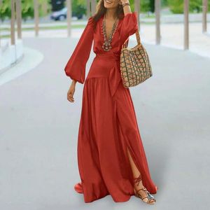 Casual Dresses Women Dress Beach Deep V-Neck Flared Sleeves Loose-fitting Lady Washable Summer Party With Belt