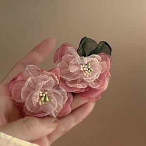 S3717 Girls Heart PinkMesh Gauze Flower Stud Earrings For Women S925 Silver Post Sweet Stud Earrings