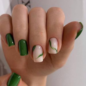 Unghie finte 24 pezzi quadrati corti estivi fiori verdi francesi design a onde manicure copertura completa punte per unghie rimovibili finte