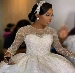 2023 Luxury Arabic Dubai Wedding Dress O-neck Long Sleeves Pearls Beading Puffy Bridal Formal Gowns Customed Vestidos De Noiva