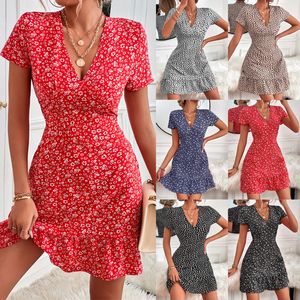 Vestidos casuais básicos de verão com decote em V geométrico pontilhado floral vestido feminino com babados decoração Xtype sexy estilo country 230601