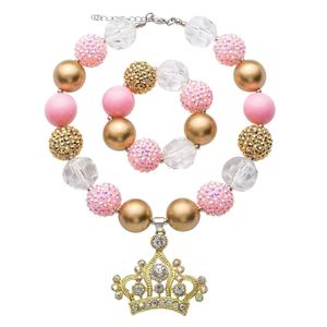 Anhänger Halsketten Rosa Farbe Krone Kind Halskette Armband Set Halloween Stil Bubblegum Perle Chunky Kinder Schmuck Für Kleinkind Drop Dhjvq