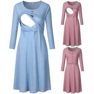 Maternity Dresses New round neck long sleeved maternity dress with button decoration care dress Vestidos De Mujer casual maternity clothing Vestidos G220602
