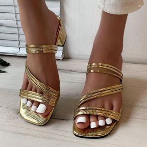 Tofflor sommarkvinnor sandaler skor trädgård guld glans sandal semester strand non-halp mjuk botten casual sidor för kvinnlig