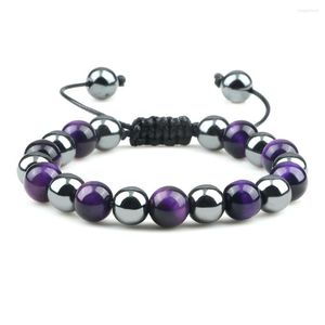 Strand lyxiga män flätade armband lila tiger ögon natursten hematit pärlor armband armband kvinnor mode smycken pulsera