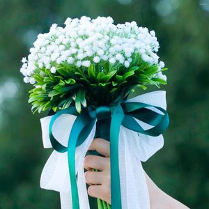 Decorative Flowers Romantic Wedding Home Rose Babysbreath Bouquets Silk Cloth Handmade Real Touch Ceremony Bride Bouquet Craft