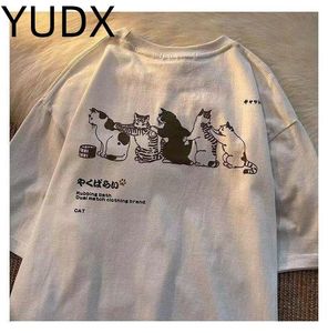 Abiti estivi T-shirt a maniche corte fresca giapponese piccola da uomo e da donna T-shirt a mezza manica con stampa di gatti retrò con marchio di marea