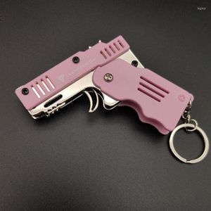 Party Favor Mini Keychain Alloy Elastic Rubber Band Gun Toy Shooting Pistol Kid Outdoor Folding Leather Pojky Toys