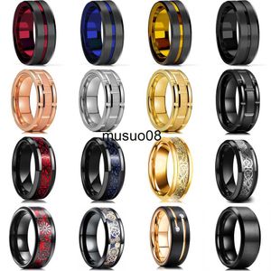 Anéis de banda moda masculina 8mm cor dourada sulco borda chanfrada tungstênio casamento anel de fibra de carbono anel de engrenagem punk roda de aço inoxidável anel para homem j230602