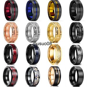 Bandringe Mode Herren 8mm Goldfarbe Groove abgeschrägte Kante Wolfram Hochzeit Carbon Fiber Ring Punk Zahnrad Edelstahl Ring für Männer J230602