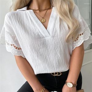 Men's Sweaters Vintage Tops Women Blouse Solid Cotton Linen Summer V Neck Chic Tunic Hallow Lace Patchwork Oversized White Blouses