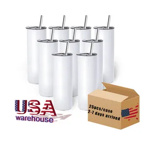 USA CA 2 Days Delivery 20oz white sublimation blanks stainless steel Water Bottles skinny straight sublimation tumblers with straw