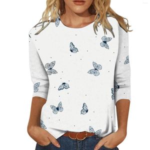 Women's T Shirts 2023 Summer 3/4 Sleeve O-Neck Women T-shirts Ladies Butterfly Print Street Topps Female Loose T-Shirt S-XXL