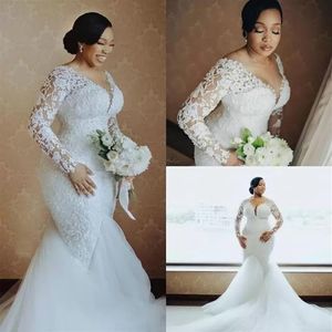 Plus Size Arabic Aso Ebi Lace Beaded Mermaid Wedding Dresses Sheer Neck Long Sleeves Vintage Bridal Gowns275a