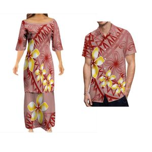 Dresses New Designer Custom Polynesian Samoan Puletasi Set Maroon Long Maxi Skirt Two Piece Set Plus Size Womens Dress Match Mens Shirt