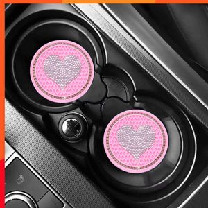 New 2pcs Heart Shape Car Coaster Water Cup Mats Car Interior Diamond Cup Holder Insert Pad Non-Slip Mat Gadget Decor Car Accessories