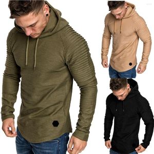 Camisetas masculinas Moda Slim Basic Topshirts Men T-Shirt Manga Plissada Patch Detail Tops Longos Tees Hoodies Pulôver Camiseta Casual