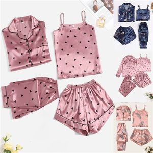 Womens Sleepwear 4 Pieces Set Pajama For Women Faux Silk Stain Nightwear Fashion Comfortable Sexy Sling Shorts Printed Home Clothes 230601