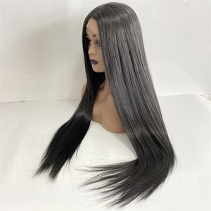 22 дюйма в длину синтетические волосы Черный цвет 130% Плотность дешевый кружевной передний парик для чернокожих