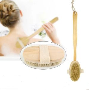 Escovas de limpeza de madeira Cerdas naturais Escovas de corpo Massageador Banho Escova de banho Cabo longo Spa Scrubber