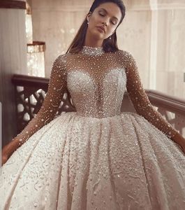 2023 Luxury Arabiska Dubai Bröllopsklänning Illusion Hög hals Rhinestone Crystal Beading Bridal Formella klänningar Anpassade Vestidos de Noiva