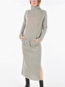 Vestidos Casuais Vestido de Malha Feminino Outono Inverno Elegante Suéter Gola Rulê Sólido Bolso Solto Dividido Robe Feminino