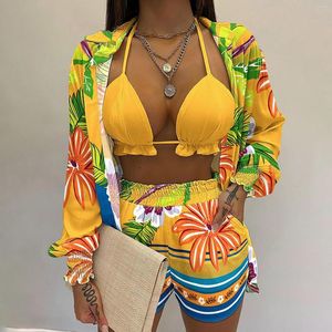 Women's Tracksuits Women Printed Shorts Sets 2023 Summer Hollow Loose Shirt & Suit 3 Piece Casual Lantern Sleeve Female Beach Outfits