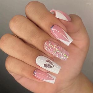 False Nails White French Ballerina Fake Pink Silver Glitter Love Diamond Waterproof Press On Finished Nail Patch